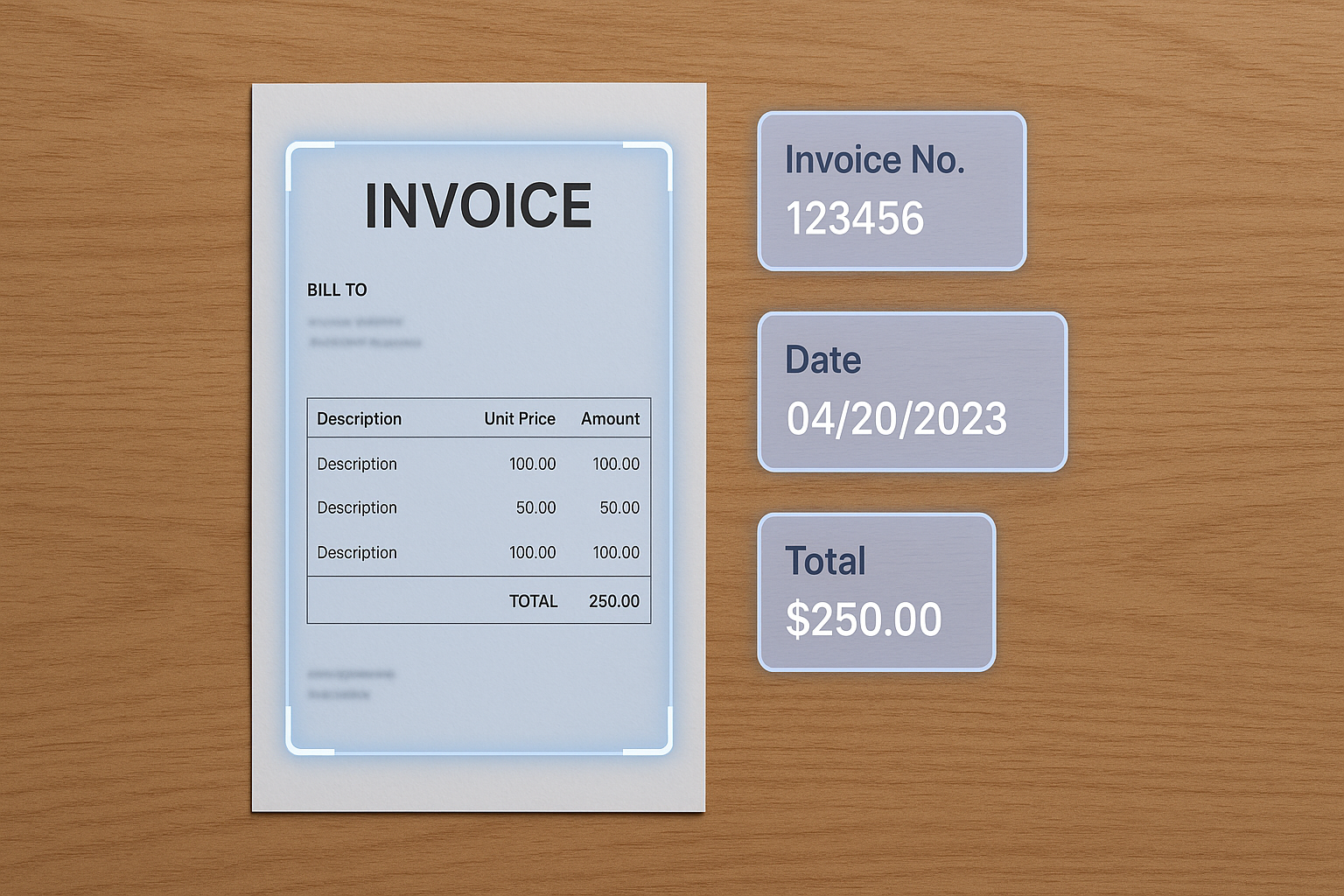A digital invoice with a glowing blue scanner overlay, representing AI-powered invoice processing.