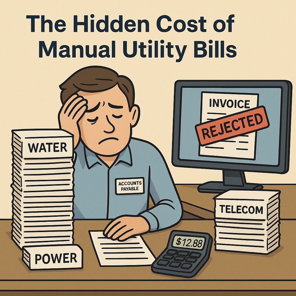 An illustration depicting a stressed accounts payable clerk surrounded by stacks of paper utility bills.
